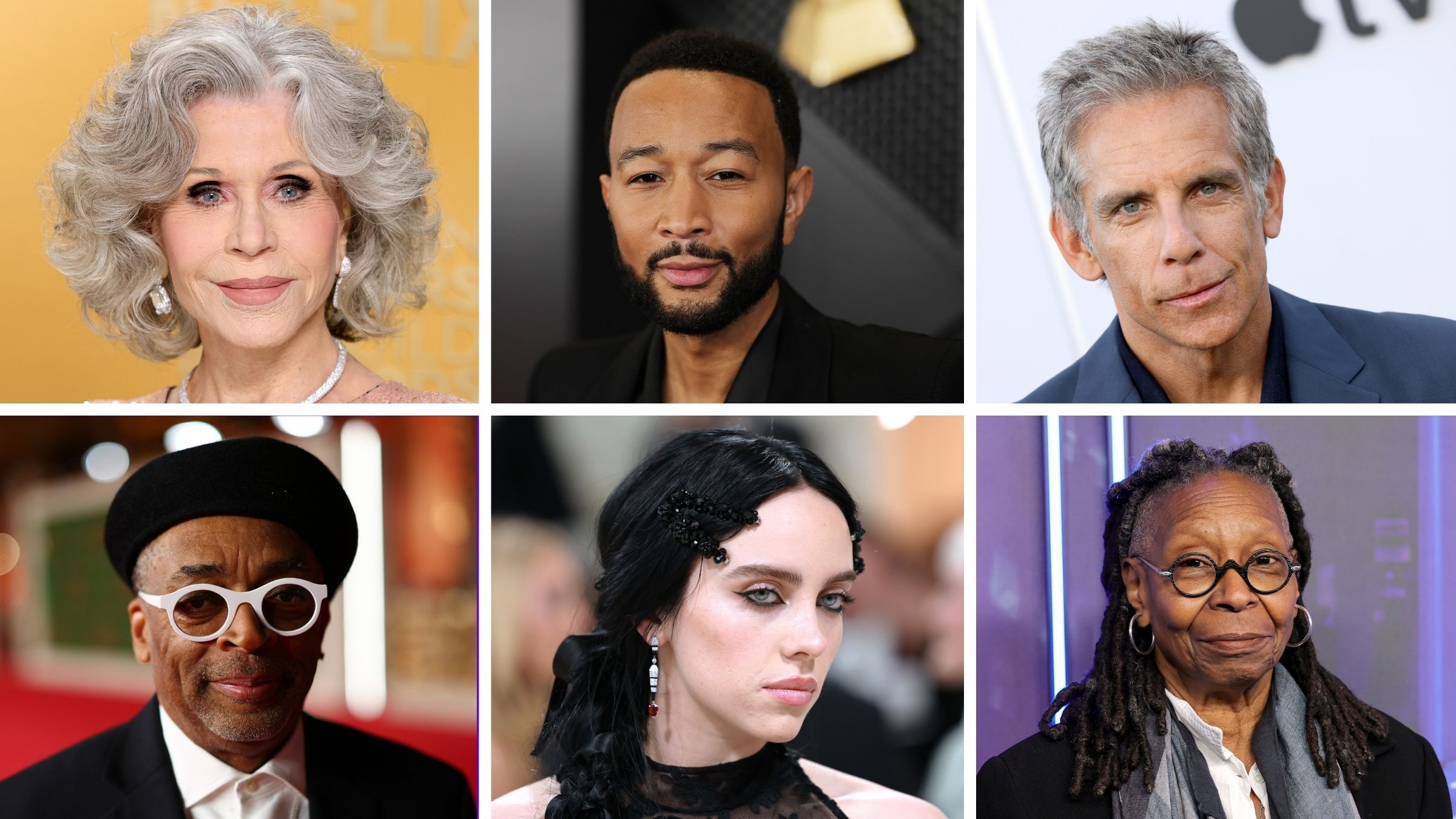 Clockwise from top left: Jane Fonda, John Legend, Ben Stiller, Whoopi Goldberg, Billie Eilish, and Spike Lee. Led by Fonda, hundreds of celebrities have signed on to a letter in defense of free speech and free expression, re-launching a McCarthy-era committee.